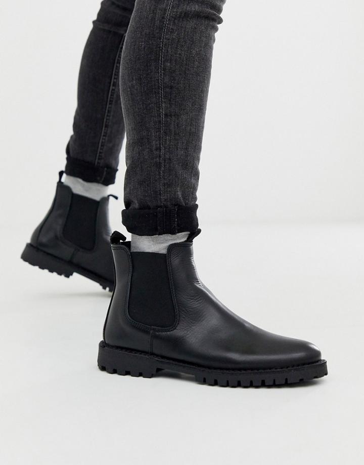 Selected Homme Chunky Sole Leather Chelsea Boots In Black - Black