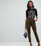 Missguided Tall Paperbag Tailored Pants In Khaki - Green