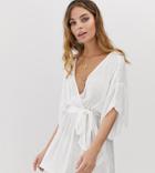 Asos Design Petite Plunge Tie Waist Kimono Sleeve Crinkle Beach Cover Up In White - White