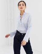 Benetton Light Blue Blouse With Laced Front - Blue