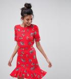 Asos Tall Tea Dress With V Back And Frill Hem In Red Floral Print-multi