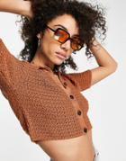 Topshop Knit Crochet Knit Crop Top In Rust-orange