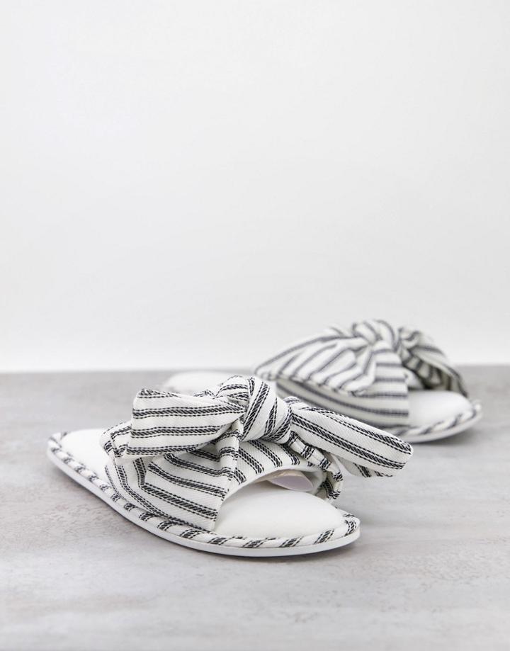 Totes Bow Detail Open Toe Slippers In White And Black Stripe-multi
