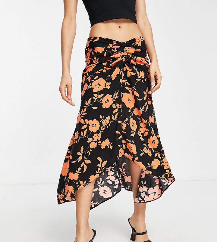 Asos Design Petite Ruched Midi Skirt In Pop Orange Floral Print-multi