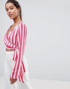 Prettylittlething Striped Wrap Top - Pink