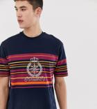 Asos Design Tall Relaxed T-shirt With Chest Stripes And Voyager Embroidery-navy