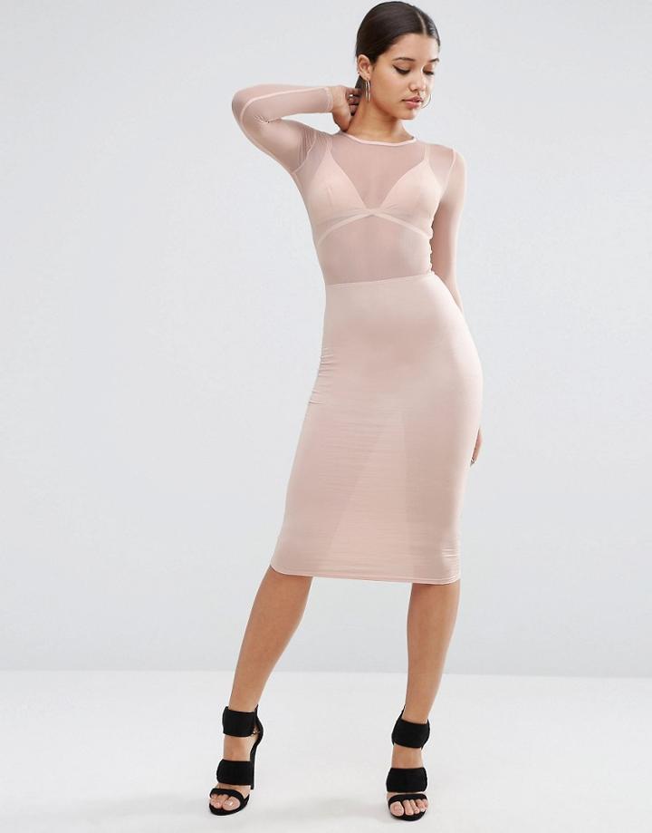 Asos Mesh Top Long Sleeve Midi Bodycon Dress - Black