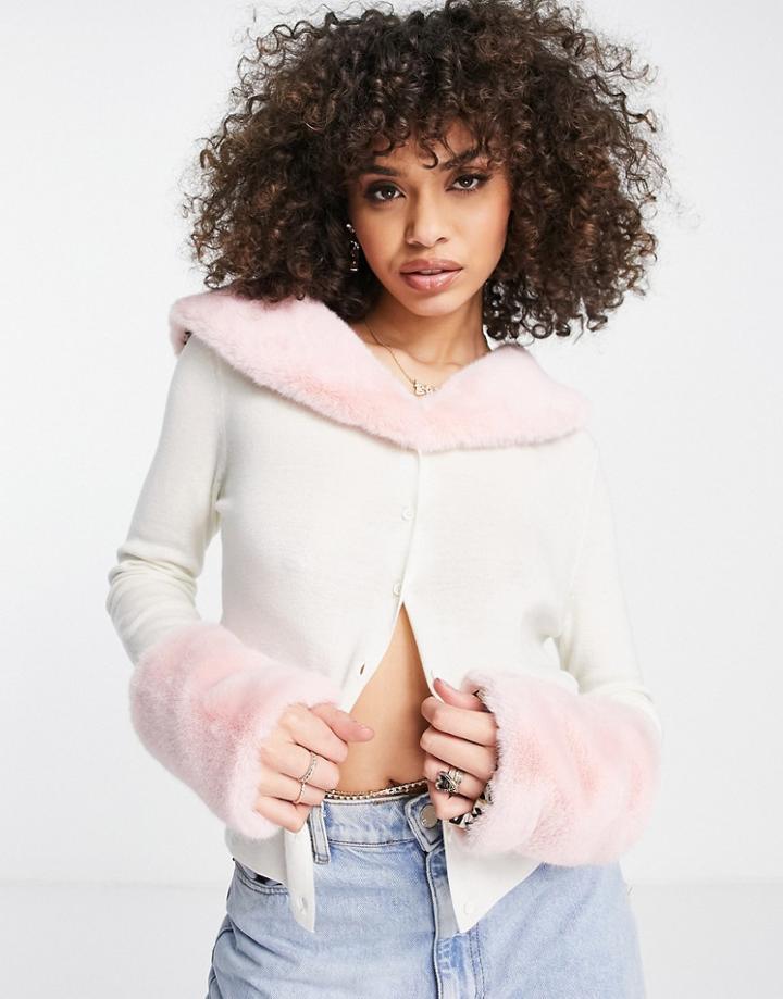 Jayley Detachable Faux Fur 90s Cardigan In Cream-white