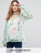 Asos Maternity Cut Out Neck Top In Mint Base Floral - Green