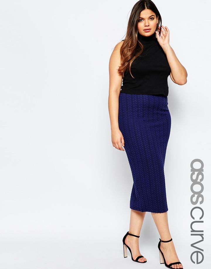 Asos Curve Midi Pencil Skirt In Cable Texture - Navy