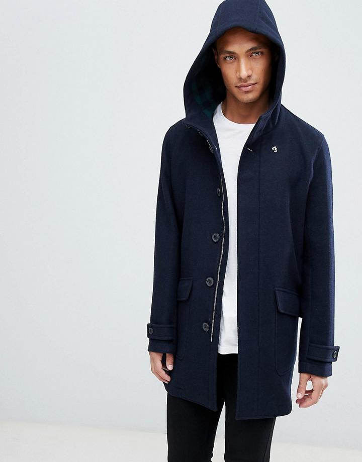 Farah Oxton Hooded Wool Coat In Navy