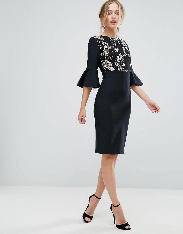 Little Mistress Floral Embroidered Top Pencil Dress With Fluted Sleeve Detail - Black
