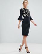 Little Mistress Floral Embroidered Top Pencil Dress With Fluted Sleeve Detail - Black