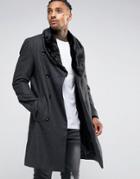 Criminal Damage Overcoat With Faux Fur Collar - Gray