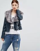 Urbancode Pu Bker Jacket With Faux Fur Collar - Navy