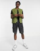 Asos Actual Quilted Vest In Khaki With Contrast Stitch-green