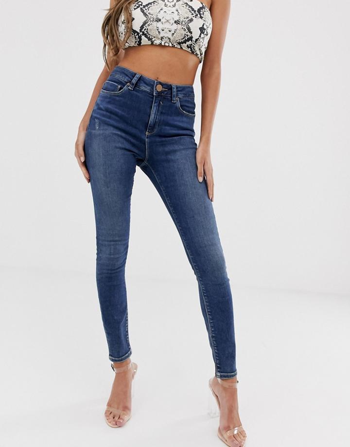 Asos Design Ridley High Waisted Skinny Jeans In Extreme Dark Stonewash Blue