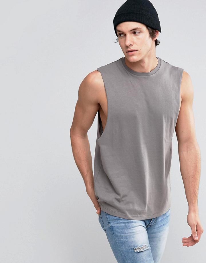 Asos Sleeveless T-shirt With Dropped Armhole In Gray - Gray