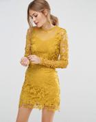 Asos Mustard Lace Long Sleeve Paneled Shift Dress - Yellow