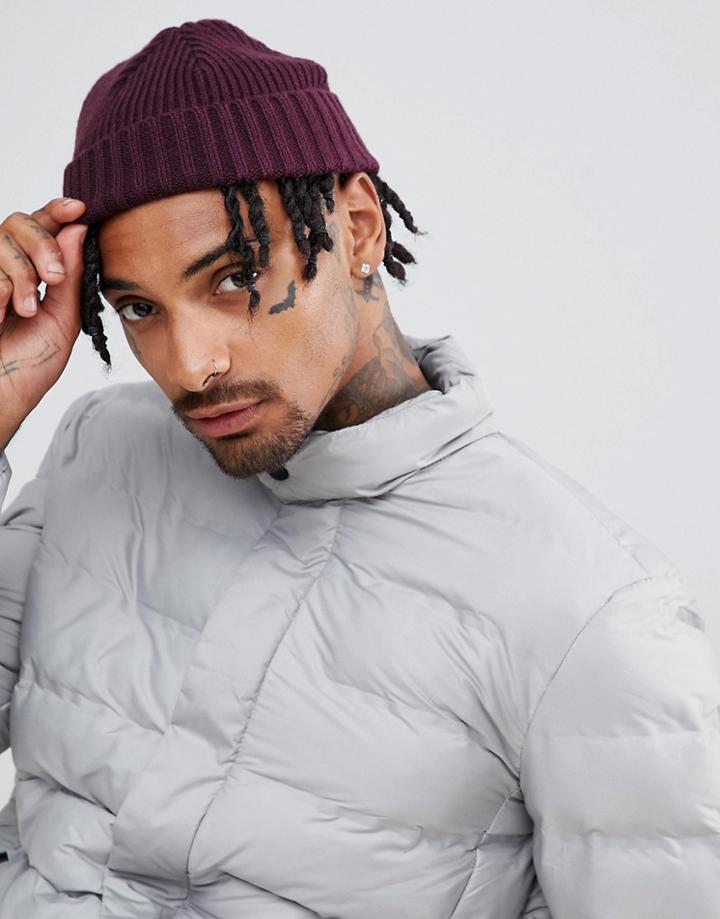 Asos Design Mini Fisherman Beanie In Plum Rib Knit - Purple