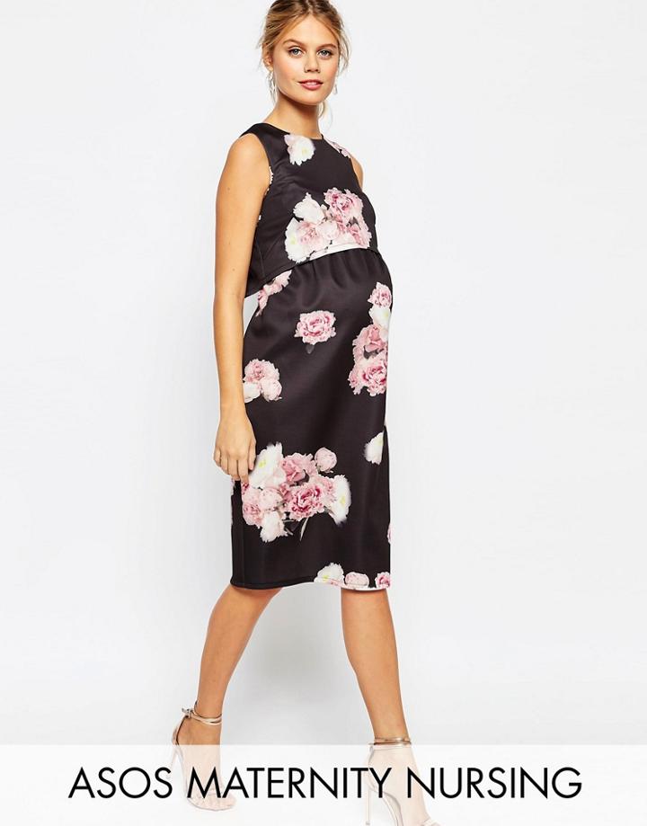 Asos Maternity Salon Nursing Midi Dress In Floral - Multi
