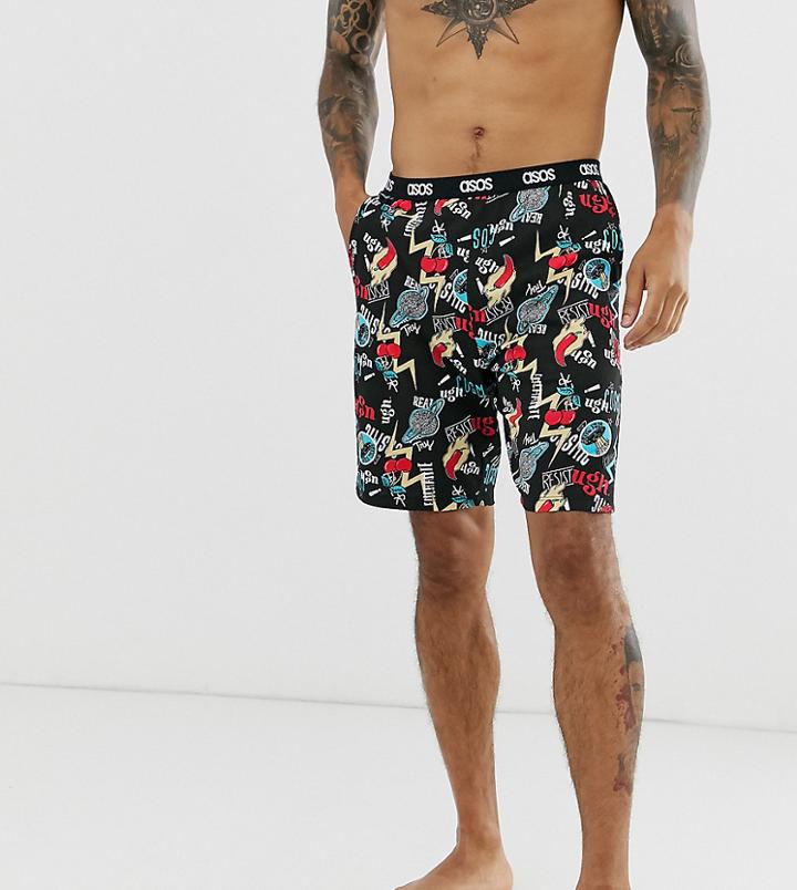 Asos Design Lounge Pyjama Short With Cartoon Space Print And Branded Waistband-black