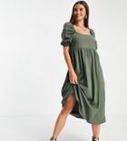 Asos Design Tall Square Neck Gathered Puff Sleeve Midi Dress In Khaki-green