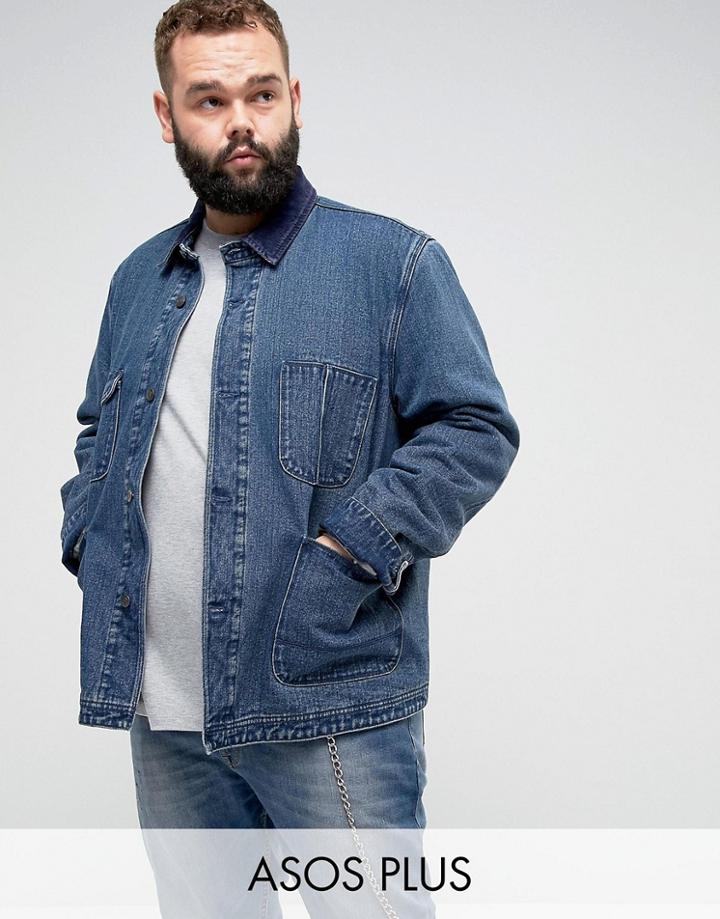Asos Plus Denim Worker Jacket With Cord Collar In Blue Wash - Blue
