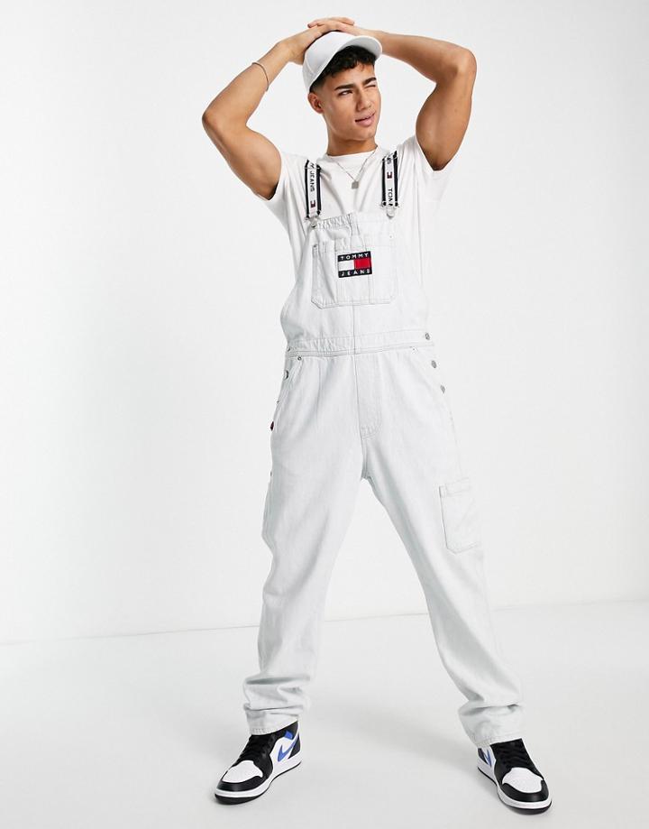 Tommy Jeans Tapered Fit Denim Overalls In Bleach Wash-blue