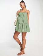 Asos Design Drop Hem Cami Mini Beach Dress In Khaki-green