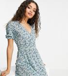 Asos Design Petite Shirred Waist Mini Plisse Dress In Blue Ditsy Floral-multi