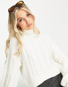 Noisy May High Neck Cable Knit Sweater In Cream-white