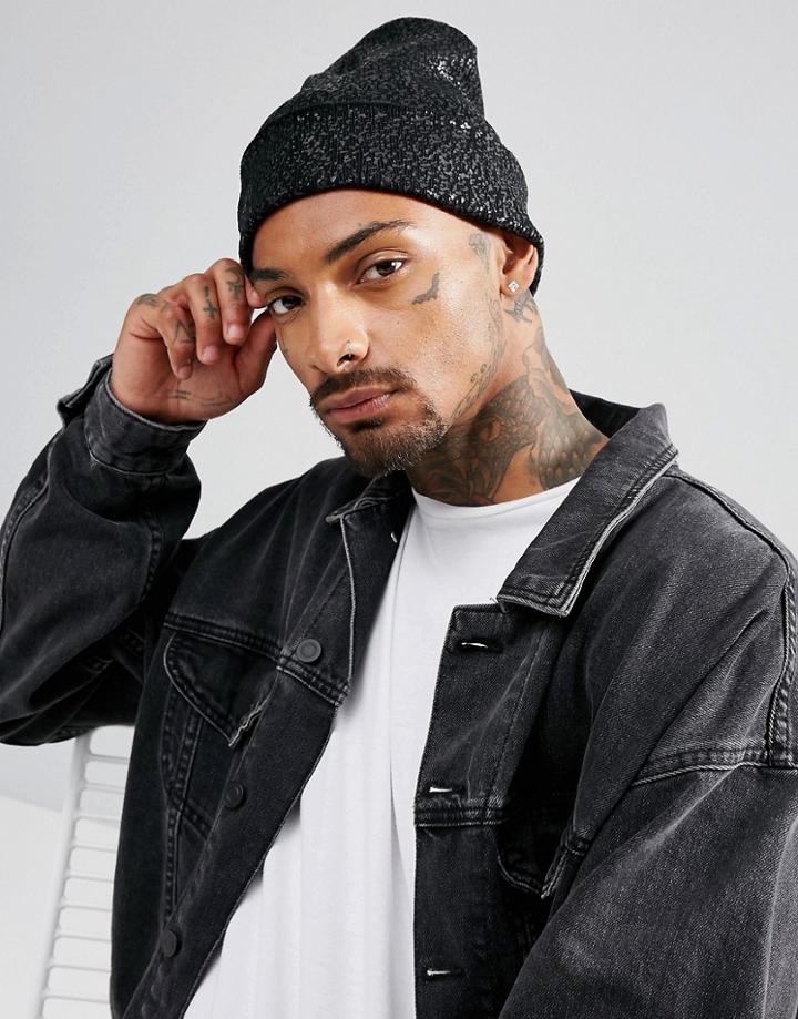 Asos Patch Beanie In Black With Black Foil Detail - Black