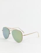 Asos Design Aviator Sunglasses In Rose Gold With Mirrored Lens & Brow Bar Detail - Gold