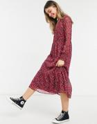 New Look Smock Midi Dress In Red Floral Print