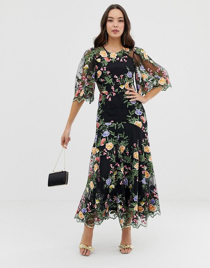 Asos Edition Embroidered Maxi Dress With Scallop Edge - Blue
