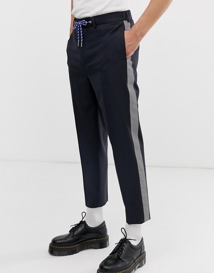 Asos Design Tapered Smart Pants In 100% Wool With Techy Tape Side Tape - Navy
