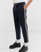Asos Design Tapered Smart Pants In 100% Wool With Techy Tape Side Tape - Navy
