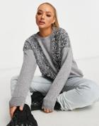 Wild Flower Embellished Sweater In Gray-grey