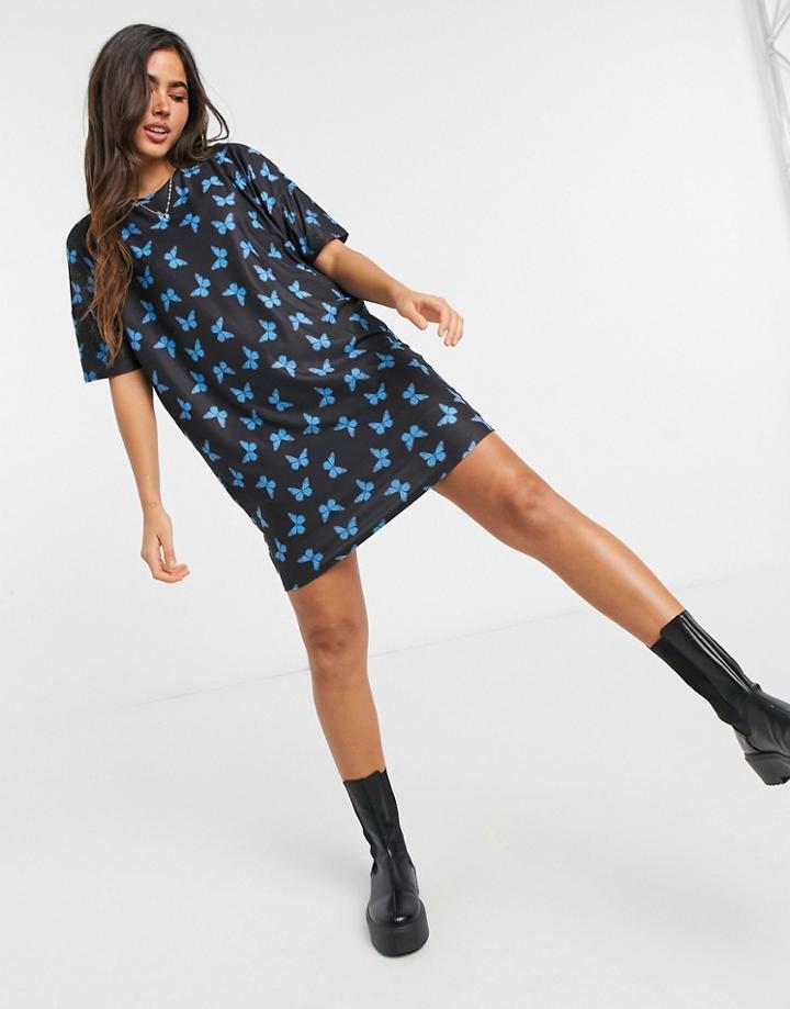 Urban Threads Oversized T-shirt Dress In Butterfly Print-black
