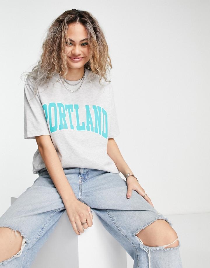 Pull & Bear Oversized Portland Logo T-shirt In Gray