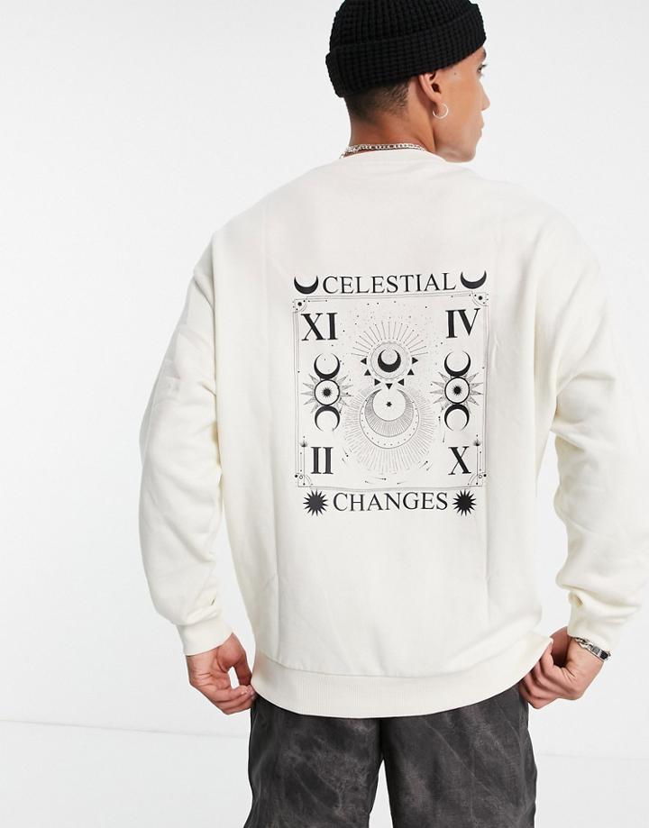 Asos Design Oversized Sweatshirt In Beige With Celestial Back Print-white