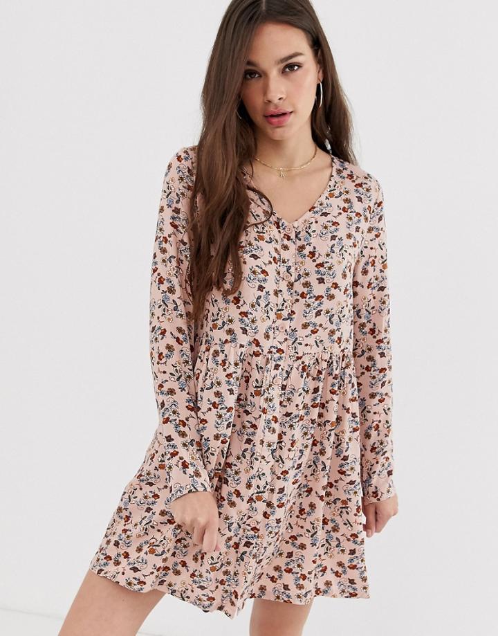 Daisy Street Long Sleeve Smock Dress With Button Front In Ditsy Floral - Multi