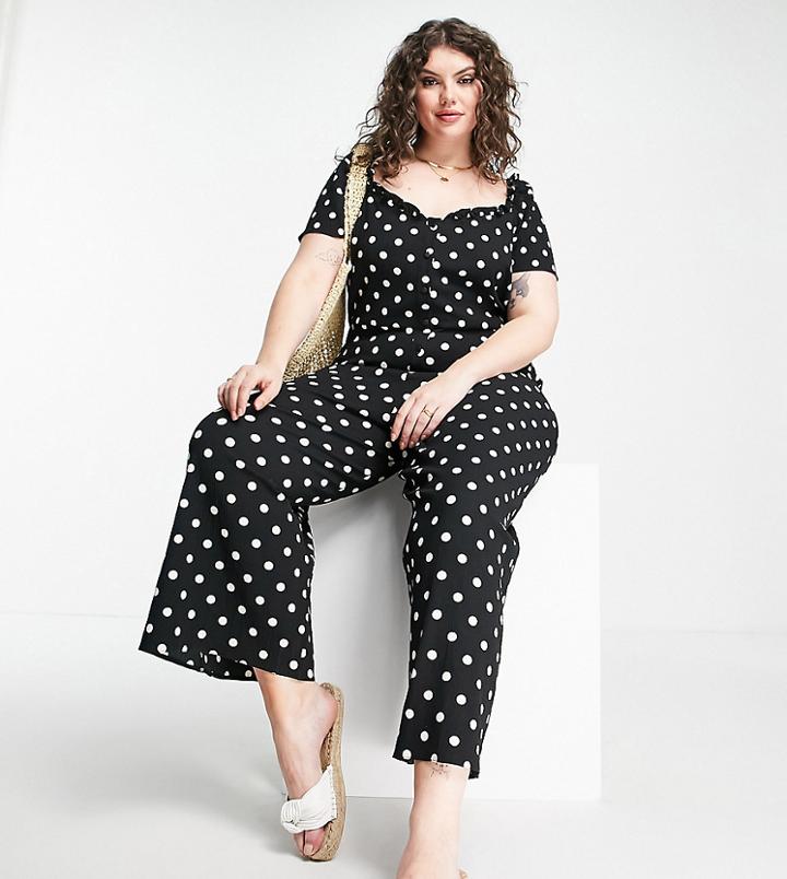 Asos Design Curve Bubble Crepe Short Sleeve Milkmaid Tea Jumpsuit In Mono Spot-multi