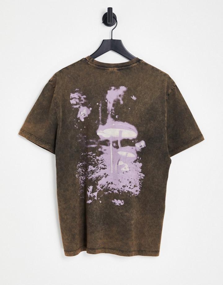 Asos Design Relaxed T-shirt In Washed Brown With Mushroom Back Print