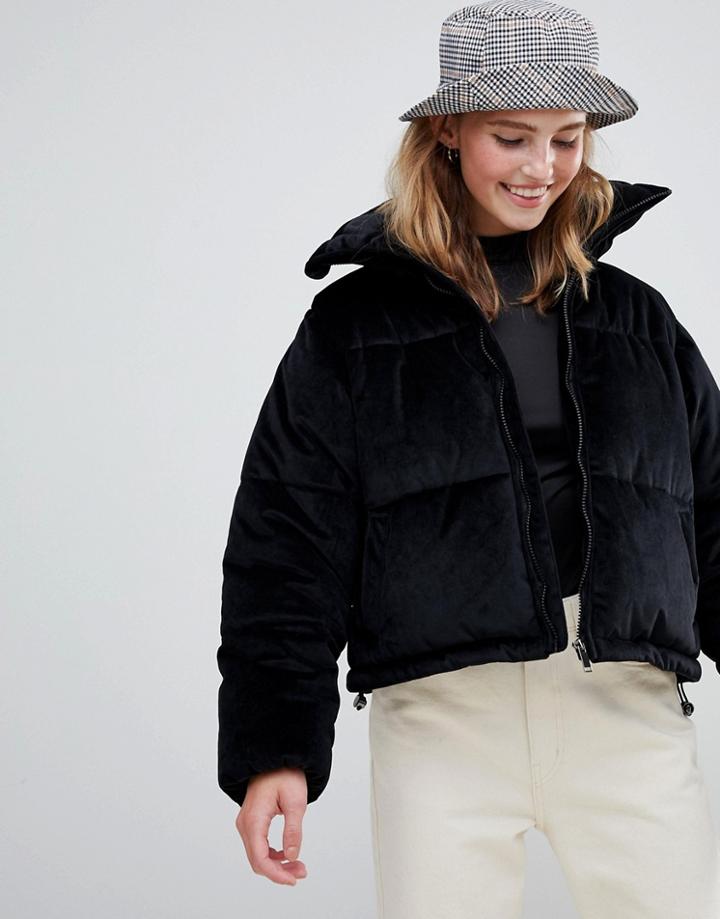 Brave Soul Ramblin Padded Coat In Velvet - Black