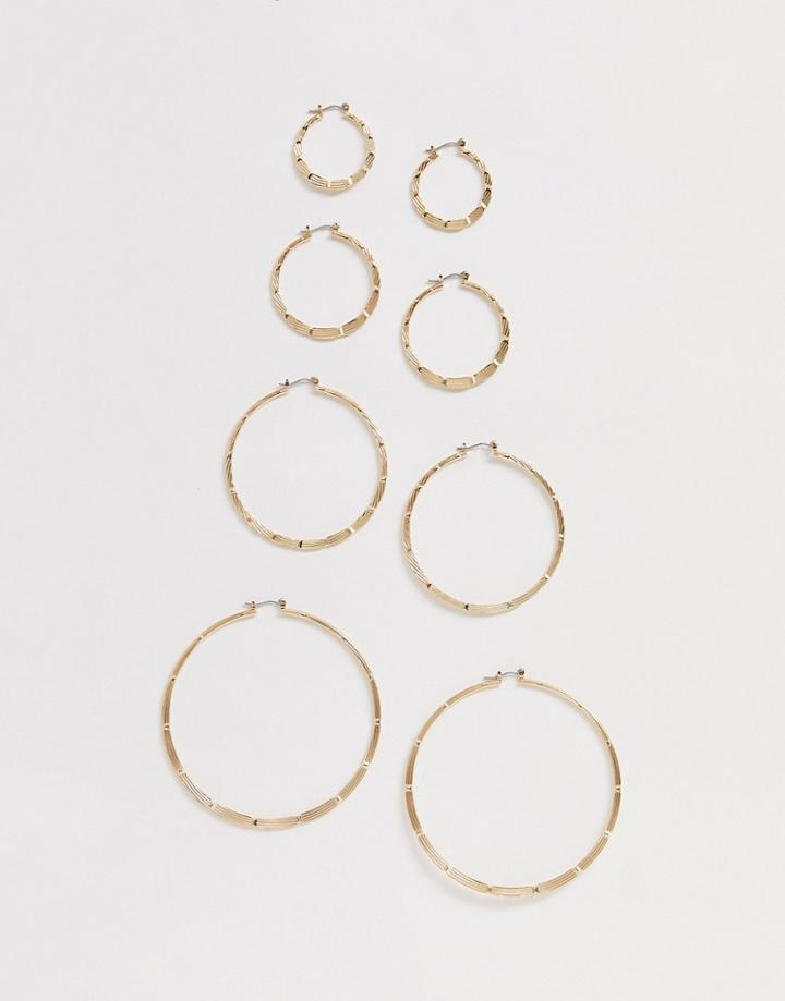 Asos Design Pack Of 4 Hoop Earrings In Vintage Style Engraved Design In Gold Tone - Gold