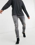 Bershka Super Skinny Fit Jeans With Rips In Gray-grey