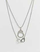 Asos Design Multirow Necklace With Handcuff Pendants In Silver Tone - Silver