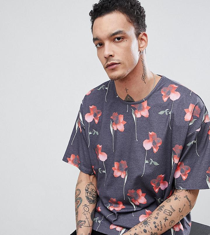 Heart & Dagger Printed T-shirt In Poppy Print - Black